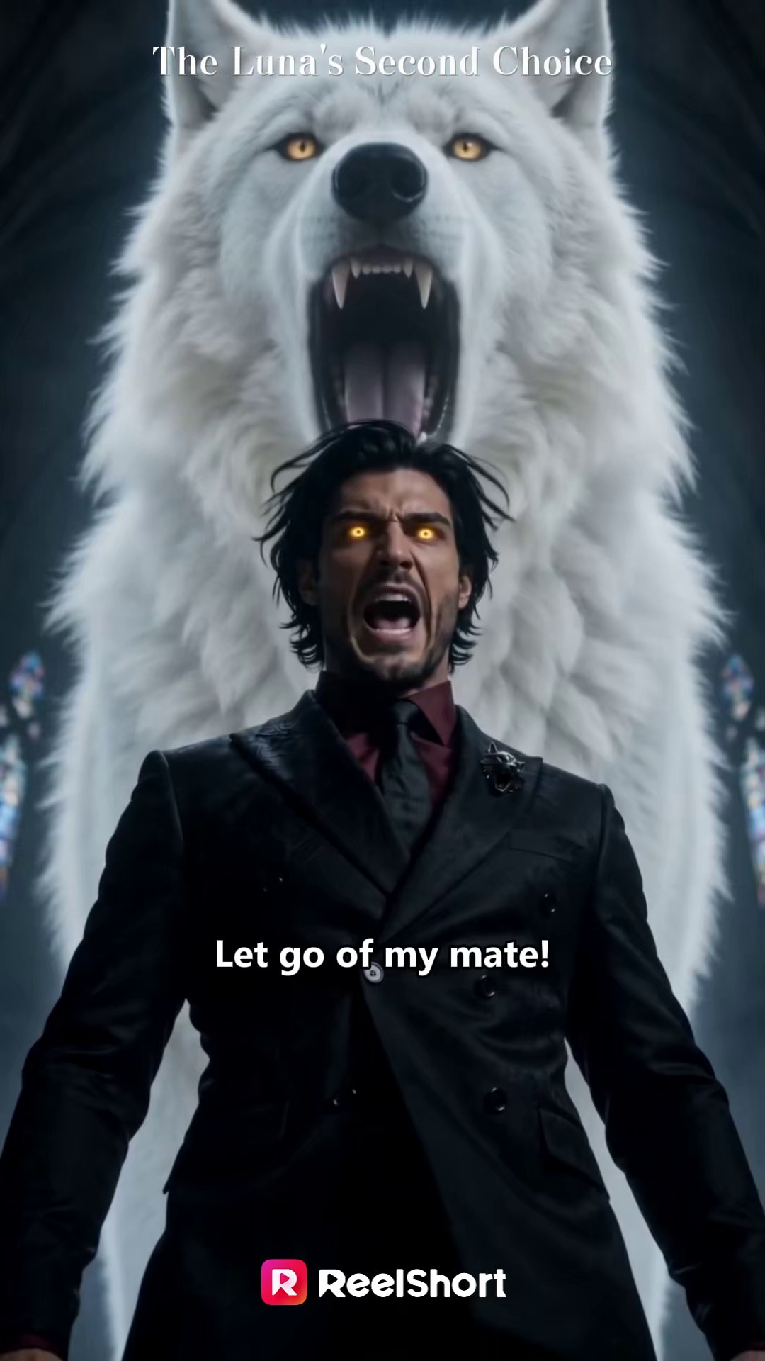 ReelShort short-drama vertical video ad still, a second cut from the same werewolf romance campaign
