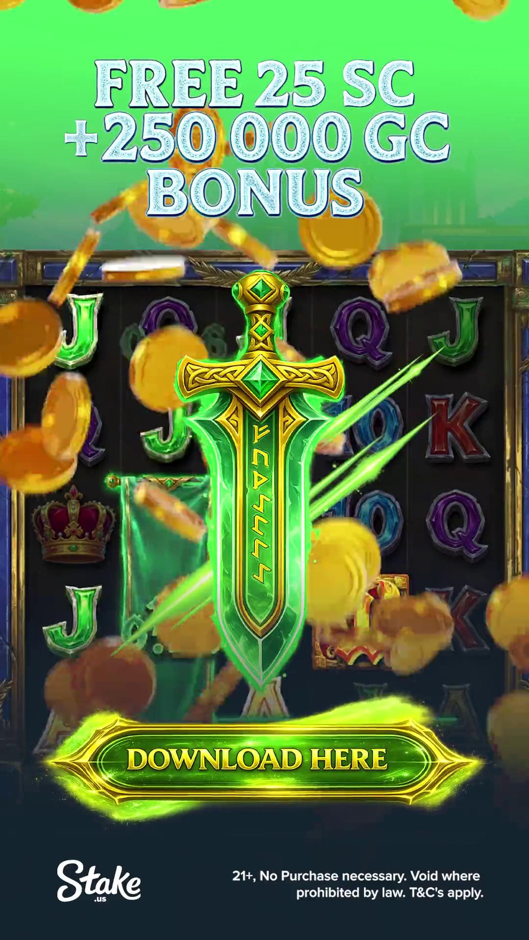 Stake US Casino & Slots sweepstakes ad creative keyframe showing slot and casino visuals